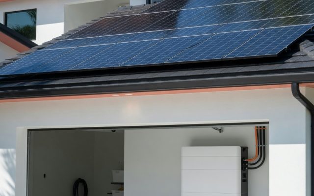 A Florida home with rooftop solar panels and a wall-mounted home battery unit in the open garage
