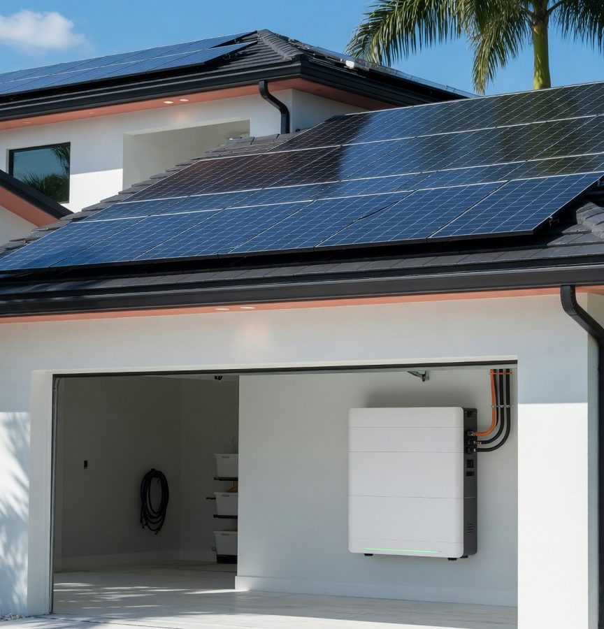 A Florida home with rooftop solar panels and a wall-mounted home battery unit in the open garage