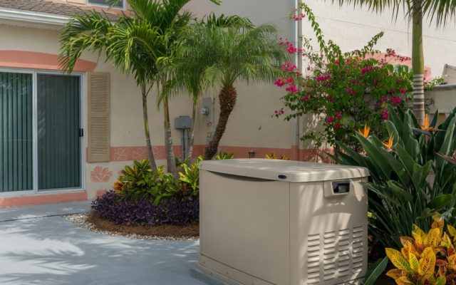 A beige home standby generator on a concrete pad beside a Florida house with tropical landscaping