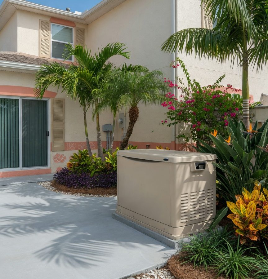A beige home standby generator on a concrete pad beside a Florida house with tropical landscaping