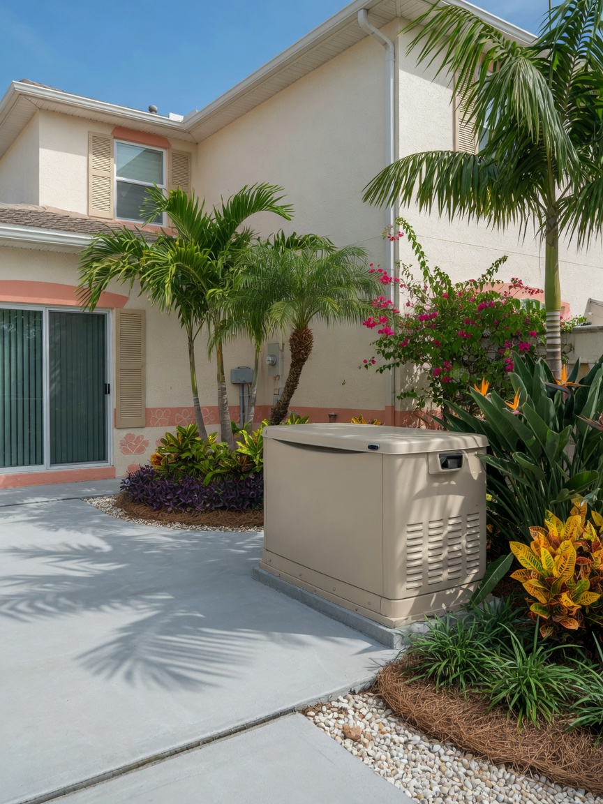 A home standby generator installed on a concrete pad beside a Florida house with tropical landscaping
