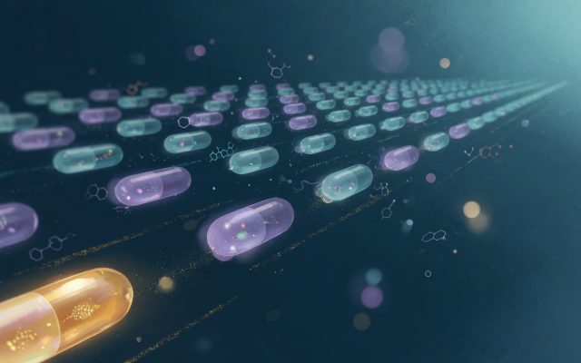 Illustration of glowing supplement capsules receding into depth like an endless marketplace shelf