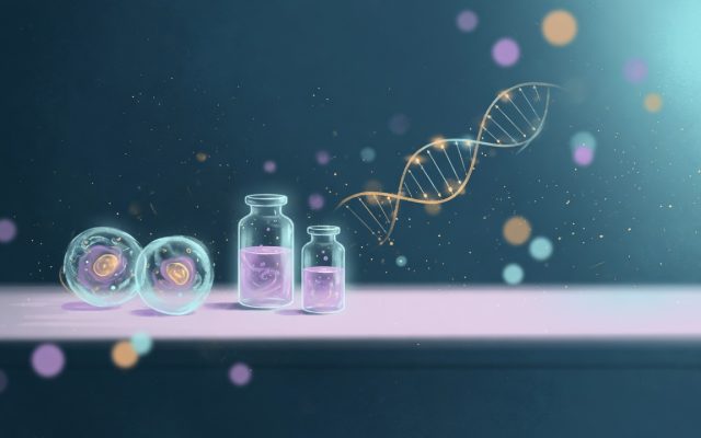 Illustration of cells, laboratory vials, and a DNA strand representing clinical trials