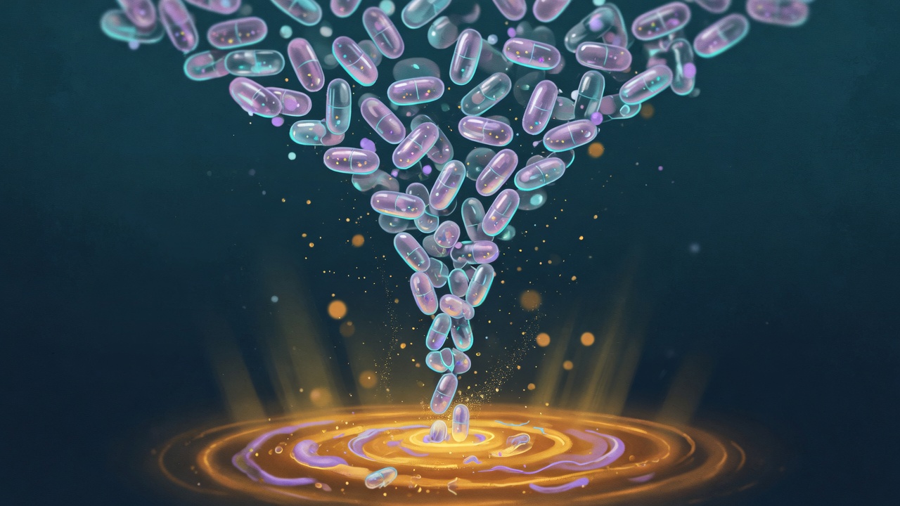 Illustration of supplement capsules funneling down into a pool of light