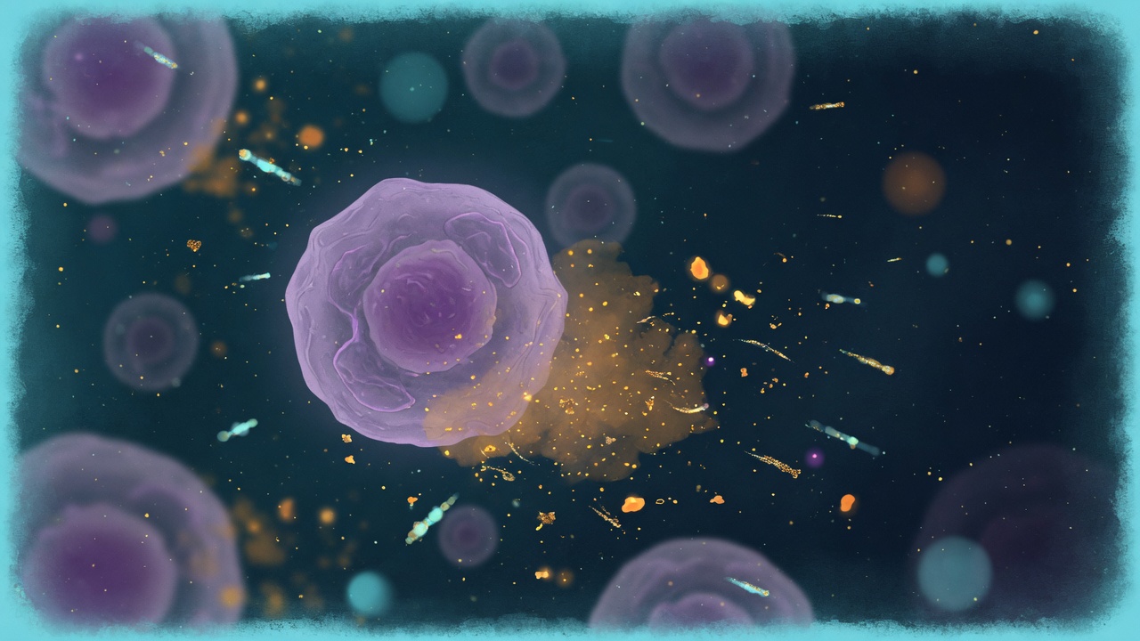 Illustration of a senescent cell secreting inflammatory particles toward neighboring cells