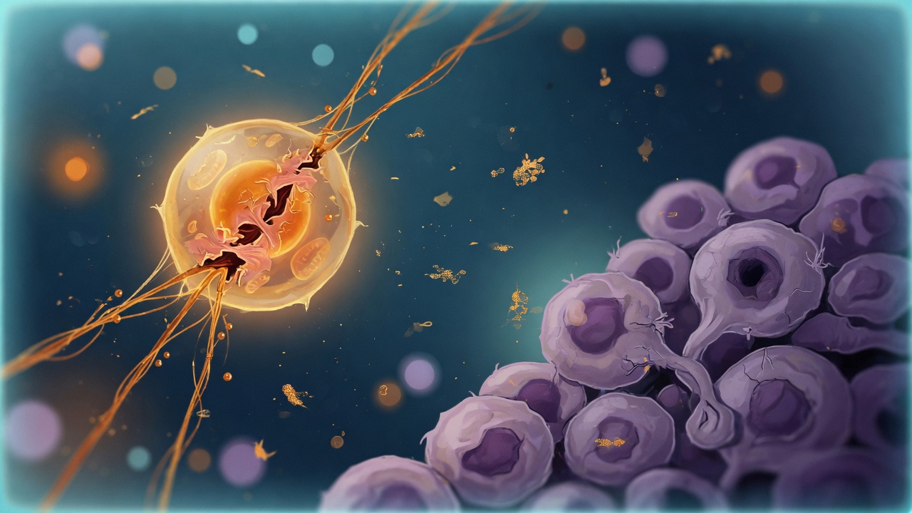 Illustration contrasting a healing cell with a cluster of accumulated cells