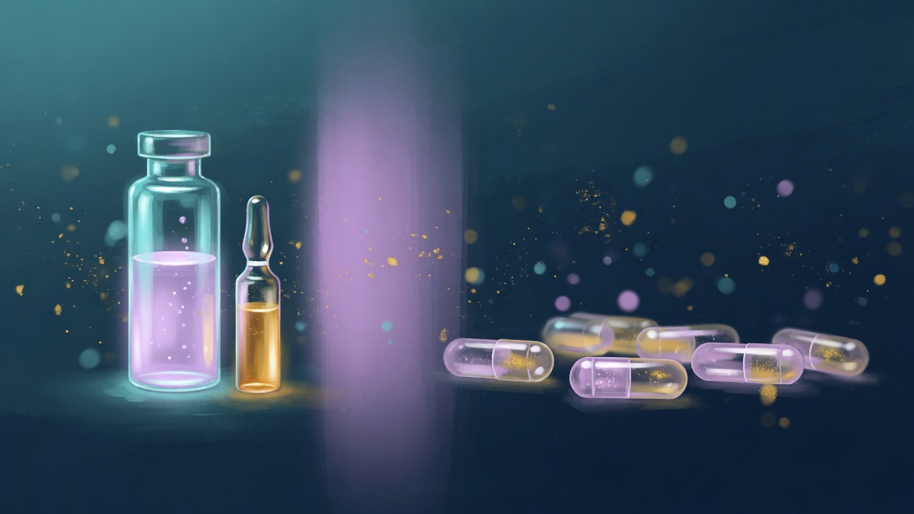 Illustration of a prescription vial and ampoule beside retail capsules