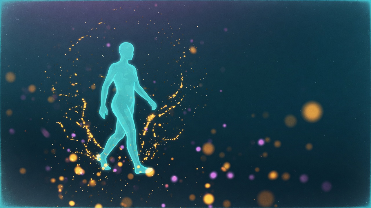 Illustration of a human figure unchanged while energy particles rise around it