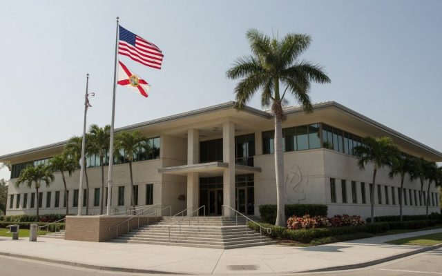A Florida county government administration building with the United States and Florida flags flying out front on a clear day.
