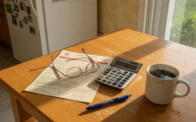 A property tax notice, a calculator, reading glasses, a pen, and a cup of coffee on a wooden kitchen table in warm morning light.