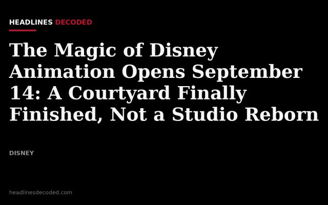 Title card for the article: The Magic of Disney Animation Opens September 14: A Courtyard Finally Finished, Not a Studio Reborn