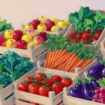 Illustration of an abundant farmers market with crates of colorful fruits and vegetables, on the high cost of a healthy diet