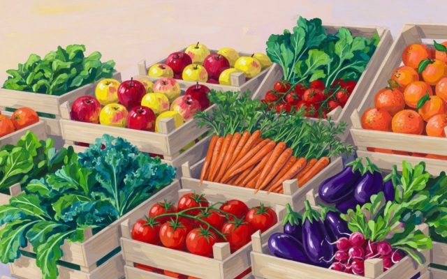 Illustration of an abundant farmers market with crates of colorful fruits and vegetables, on the high cost of a healthy diet