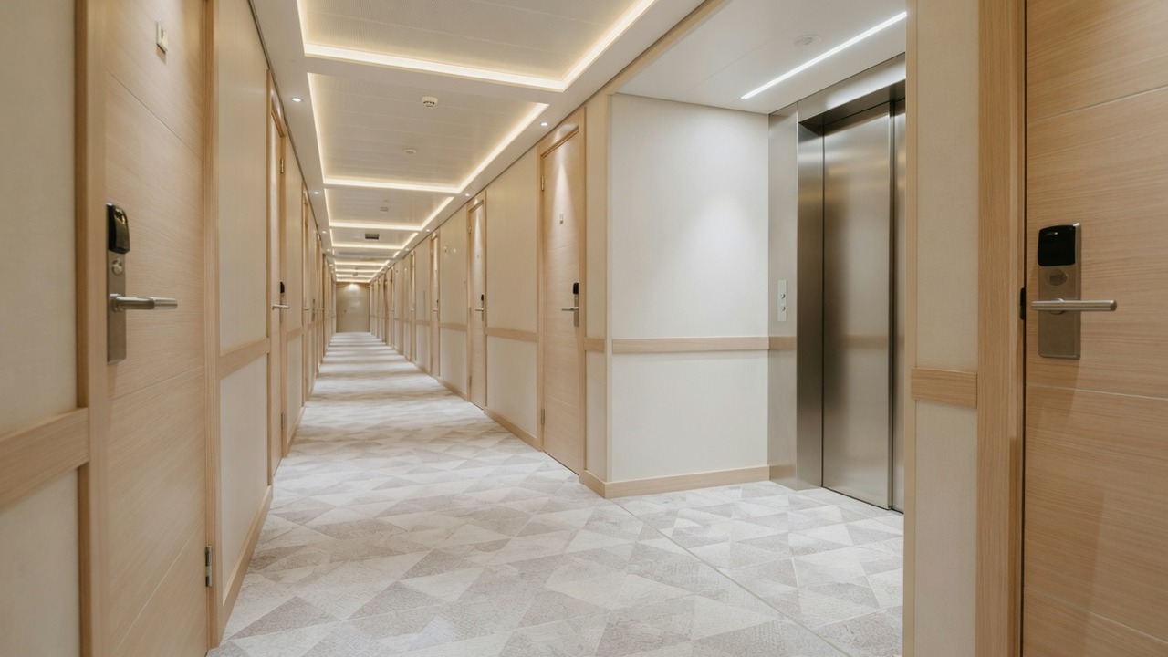 A bright modern cruise ship corridor with pale wood stateroom doors receding into the distance, a light patterned carpet and a brushed metal elevator lobby partway down