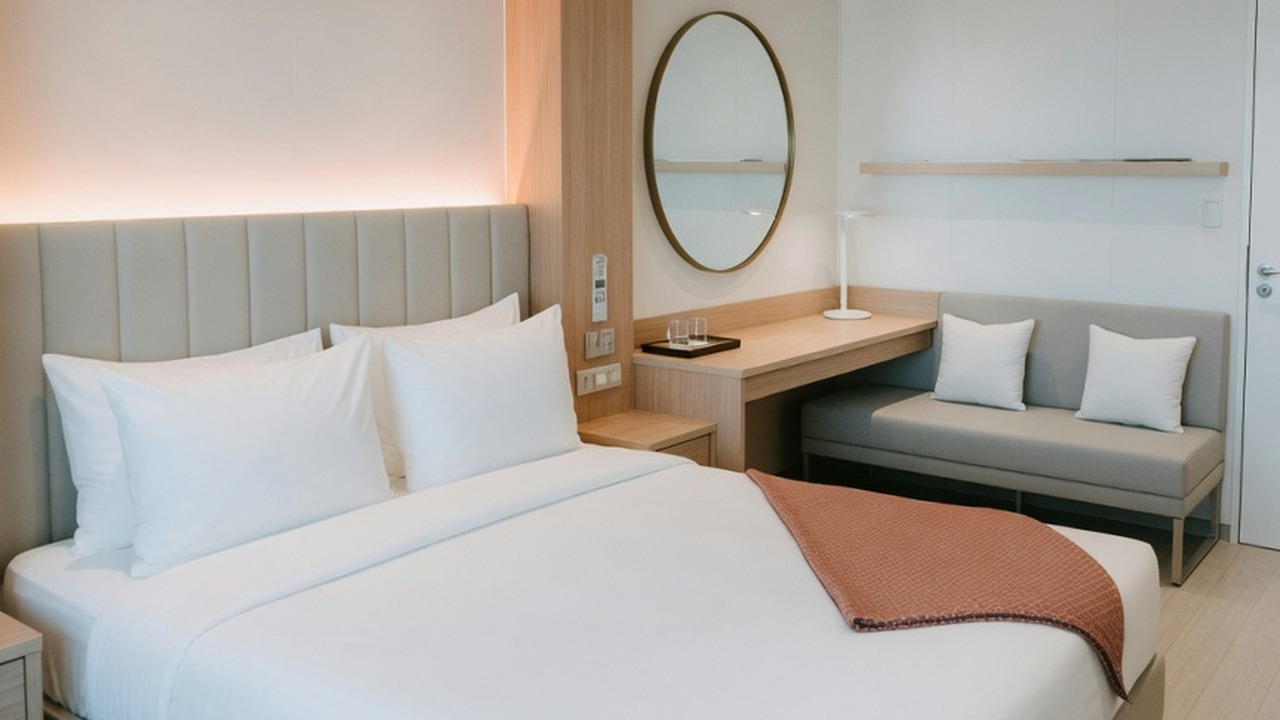 A bright modern windowless inside stateroom with a queen bed in white linens, a pale wood desk with an oval mirror, a small grey sofa and warm cove lighting behind the headboard