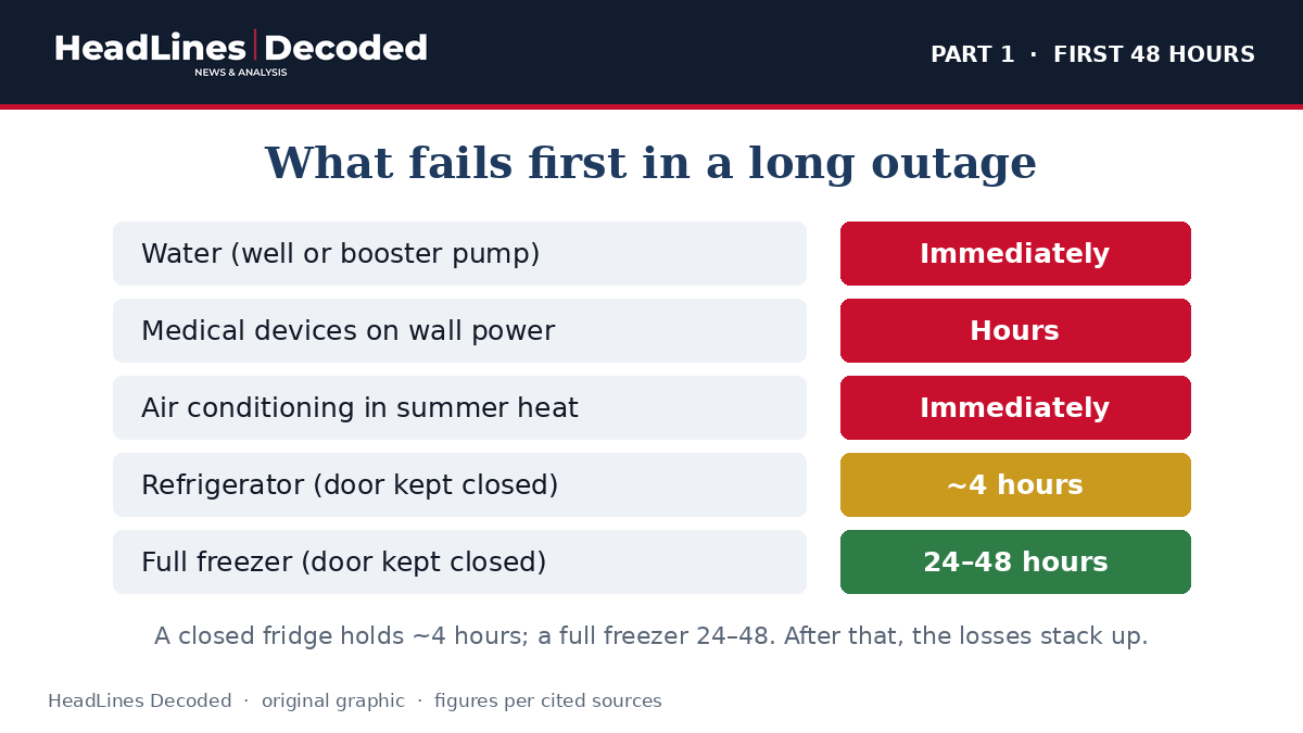 Diagram of what fails first in a long outage, from water and AC immediately to the freezer at 24 to 48 hours