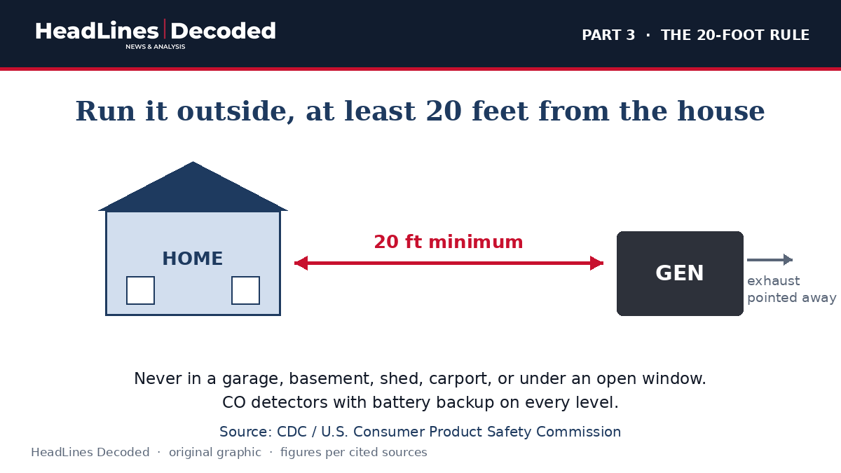 Safety diagram showing a generator at least 20 feet from the home with exhaust pointed away