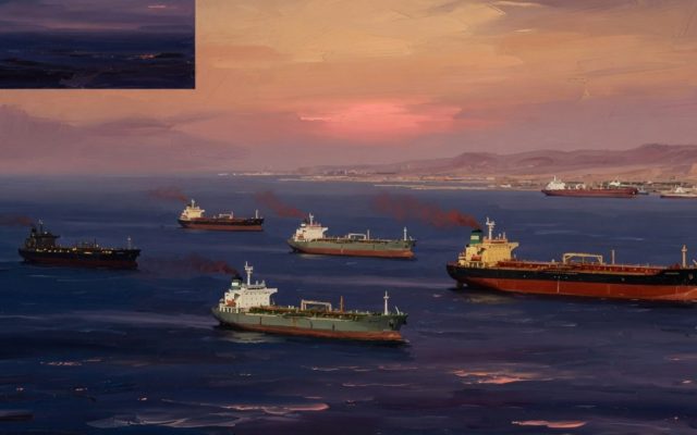 Illustration of oil tankers on the Red Sea at dusk with a hazy coastline
