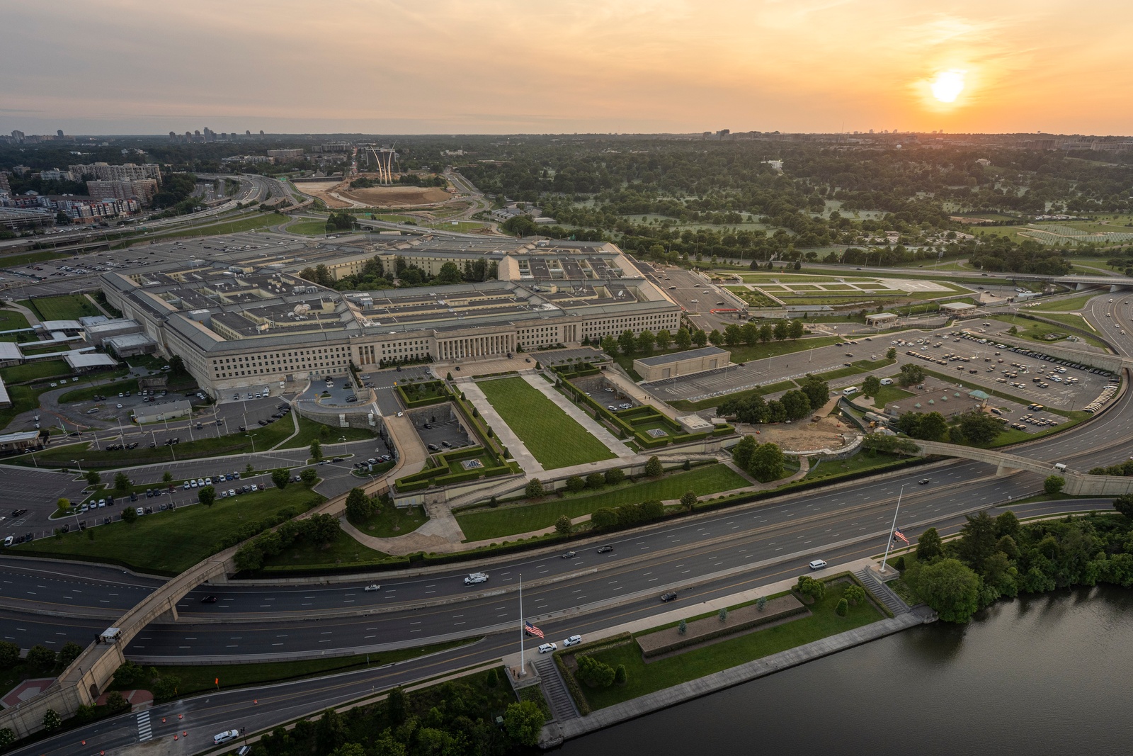 Aerial view of the Pentagon at sunset in Washington
