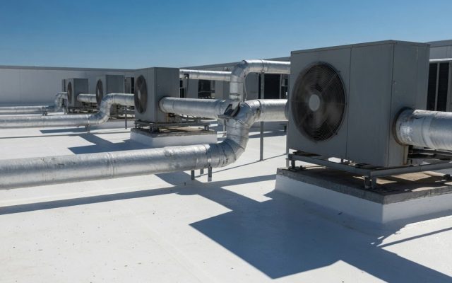 A flat commercial rooftop finished in bright white reflective coating under hard midday sun, with rooftop air-conditioning units and insulated ducting casting short shadows