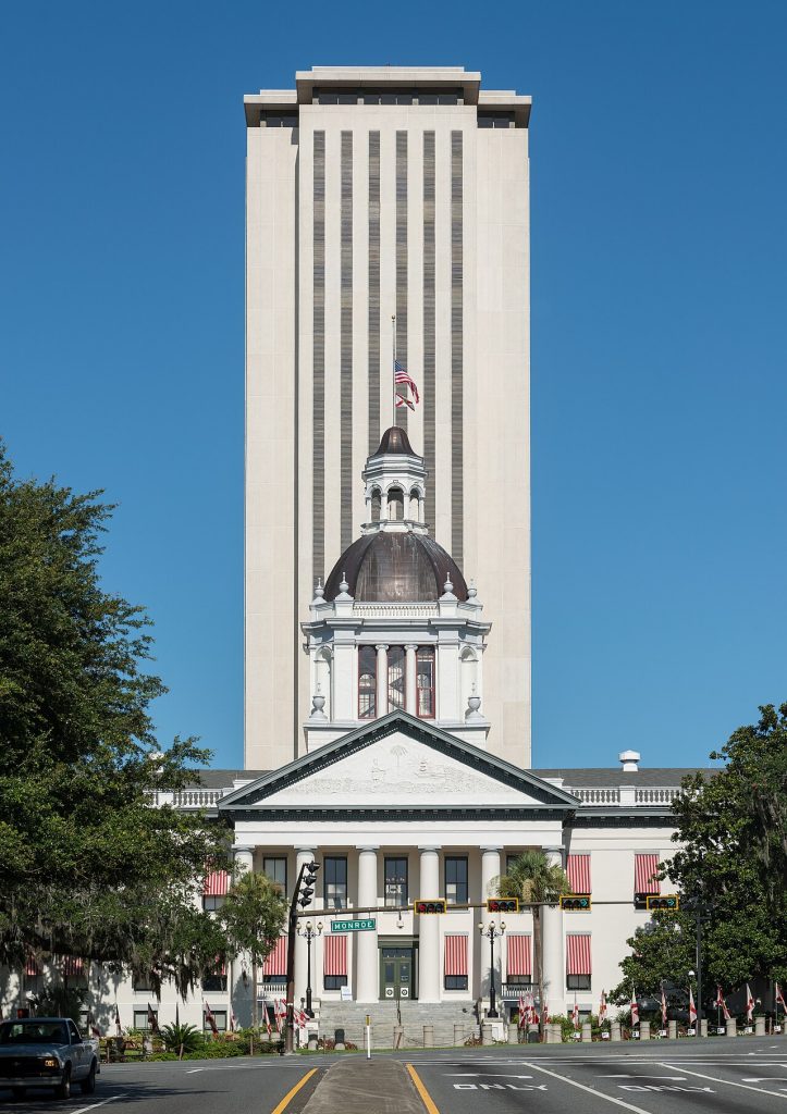 The historic Florida Capitol in front of the current Capitol tower in Tallahassee