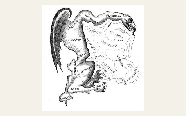 An 1812 political cartoon showing a Massachusetts voting district drawn into the shape of a winged salamander.