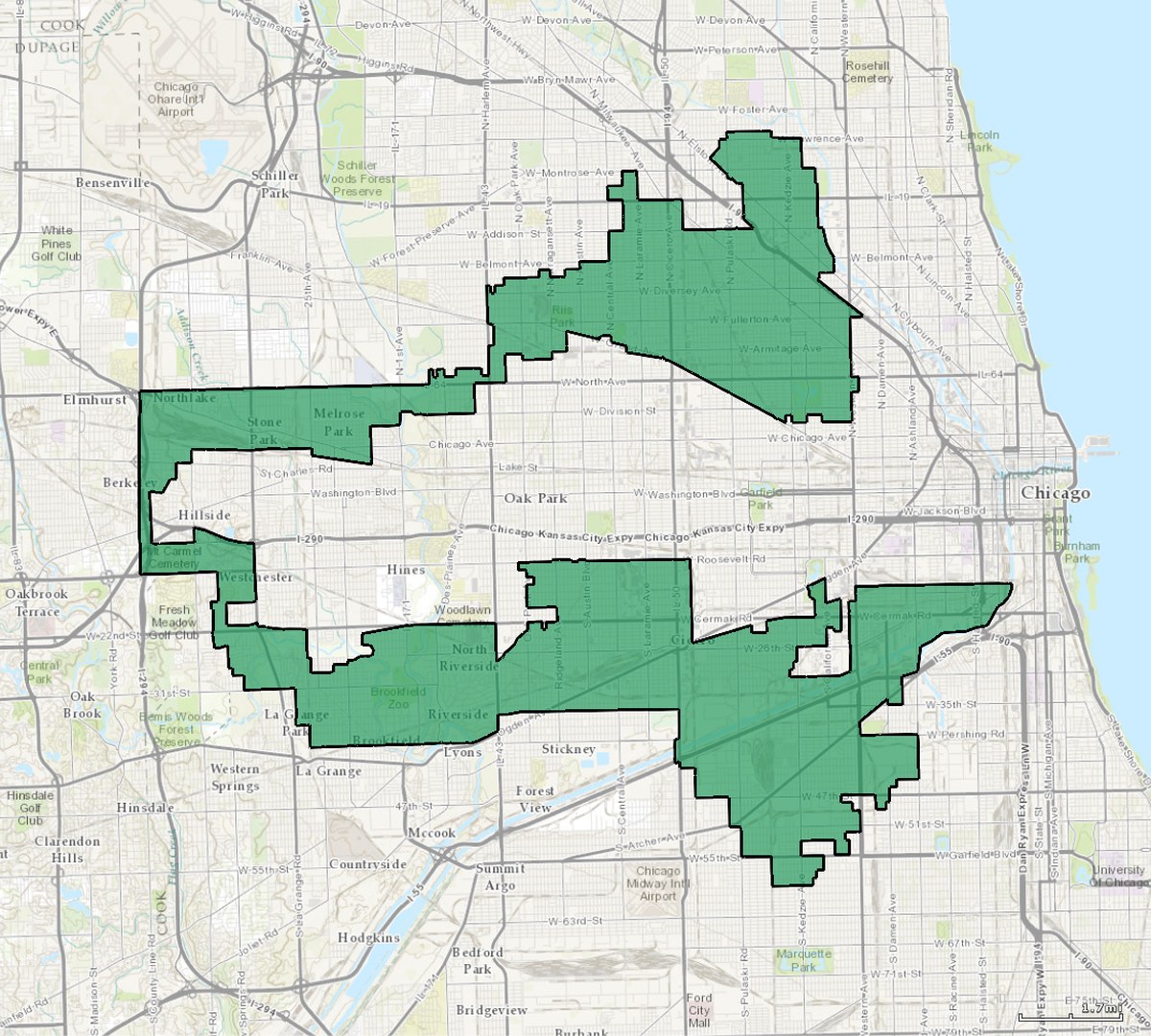 A map of Illinois's 4th Congressional District, two blocks of territory joined by a thin strip.