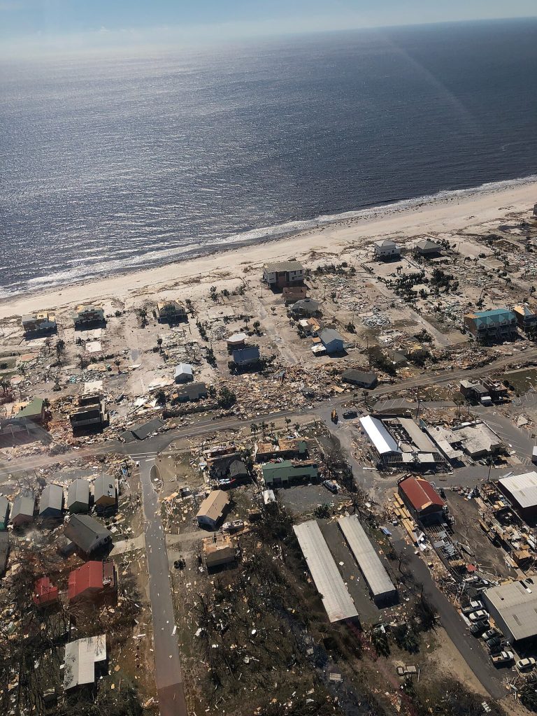 Aerial view of homes and businesses destroyed by Hurricane Michael along the beach at Mexico Beach, Florida