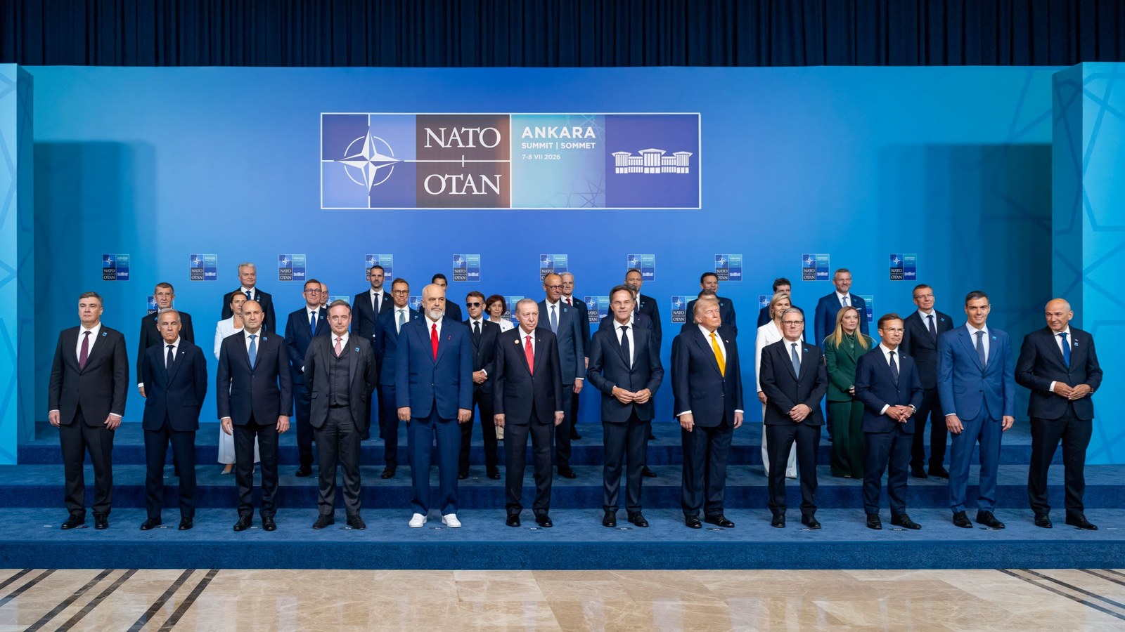 Leaders of NATO's member states, including President Trump, stand for the family photo at the alliance's summit in Ankara in July 2026.