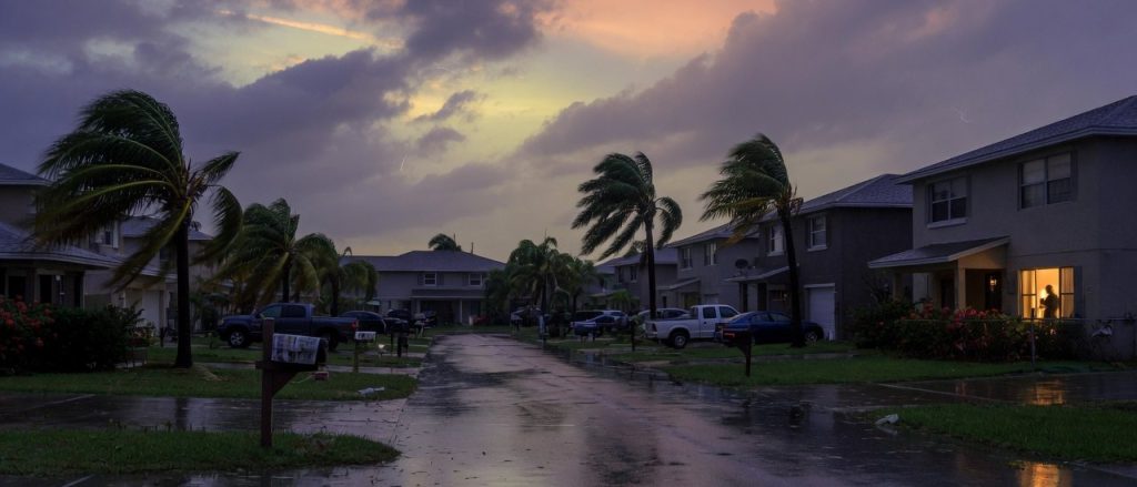 A Florida residential street at dusk after a storm, palms bent by wind, the road wet and every house dark except one with a lit window.