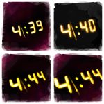 A digital alarm clock glowing 4:39, 4:40 and 4:44 in a dark room, minutes ticking past.