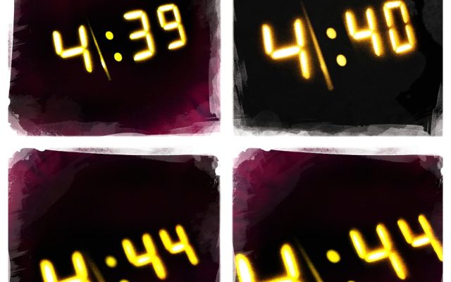 A digital alarm clock glowing 4:39, 4:40 and 4:44 in a dark room, minutes ticking past.