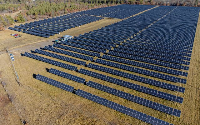 Rows of solar panels stretching across a green field under a bright sky.
