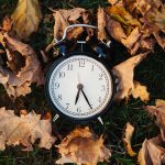 A black alarm clock rests in grass among fallen autumn leaves.