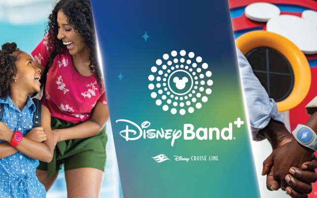 Disney Cruise Line guests wear DisneyBand+ wristbands aboard a ship.