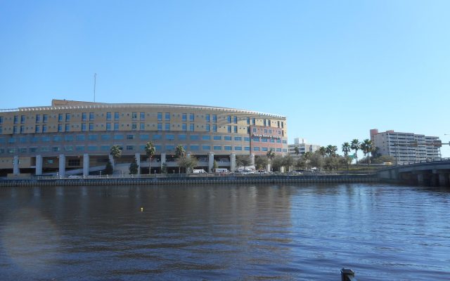 Tampa General Hospital's curved main building on Davis Islands, seen across the water from Bayshore Boulevard
