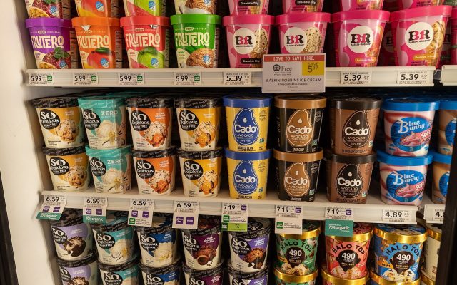 A supermarket freezer shelf stacked with colorful ice cream cartons, each shelf tag showing a price and a price per ounce